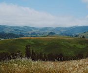 Rolling green hills and distant mountains stretch under a blue sky with scattered clouds, viewed from a grassy hillside.