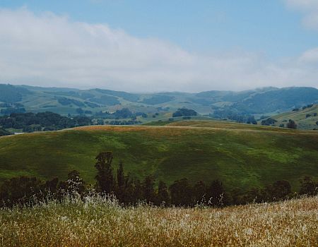 Rolling green hills and distant mountains stretch under a blue sky with scattered clouds, viewed from a grassy hillside.