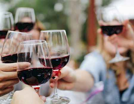 A group clinks red wine glasses outdoors, toasting together on a sunny day with friends.