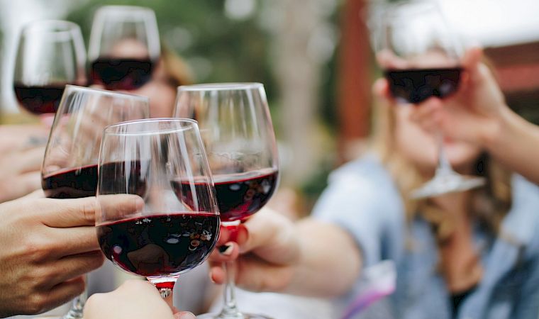 A group clinks red wine glasses outdoors, toasting together on a sunny day with friends.